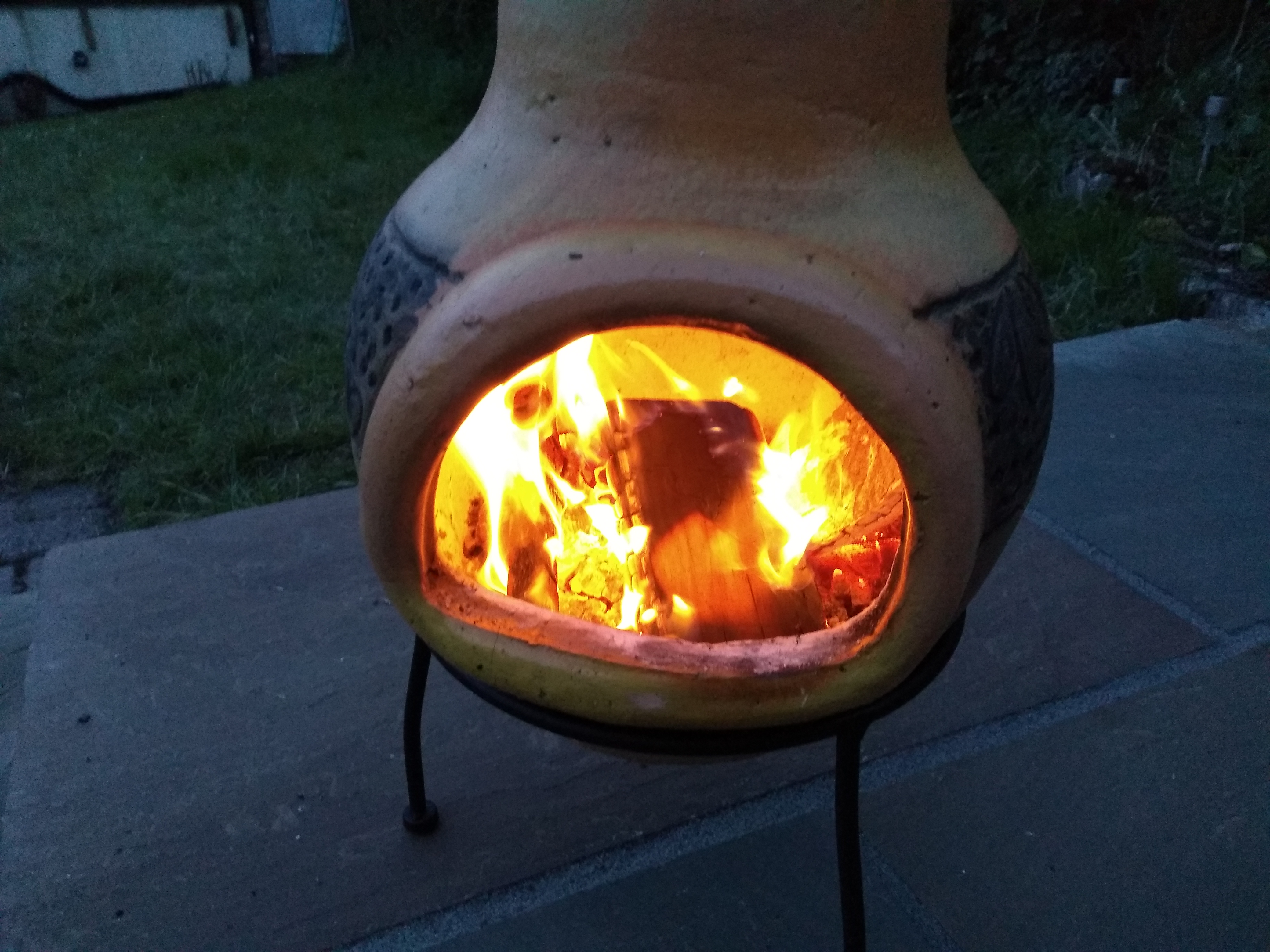 Chimenea burning on the patio